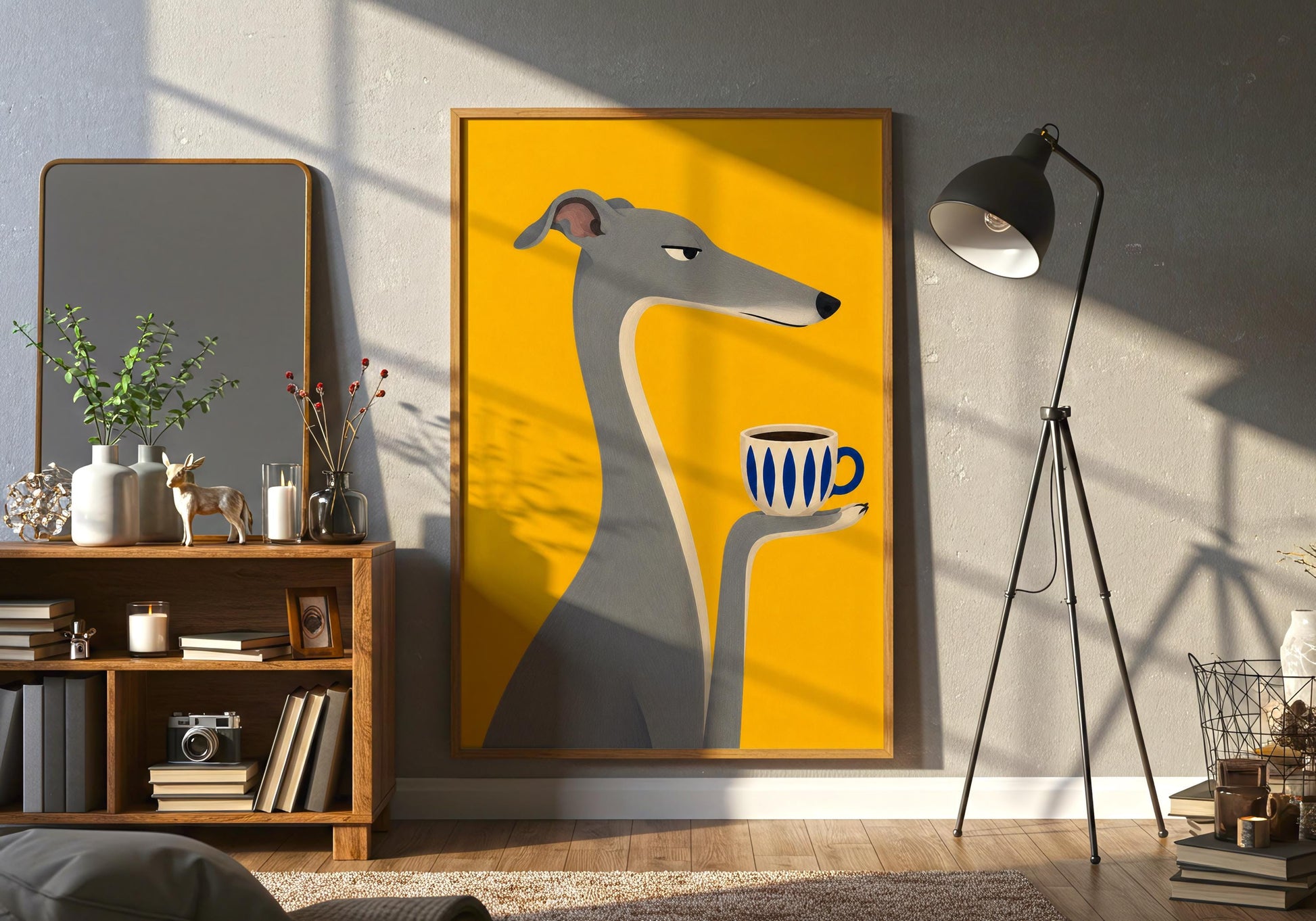 Modern home café wall décor with whimsical coffee illustration.