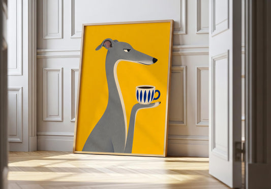 Modern coffee wall art featuring a minimalist grey dog holding a patterned coffee mug.