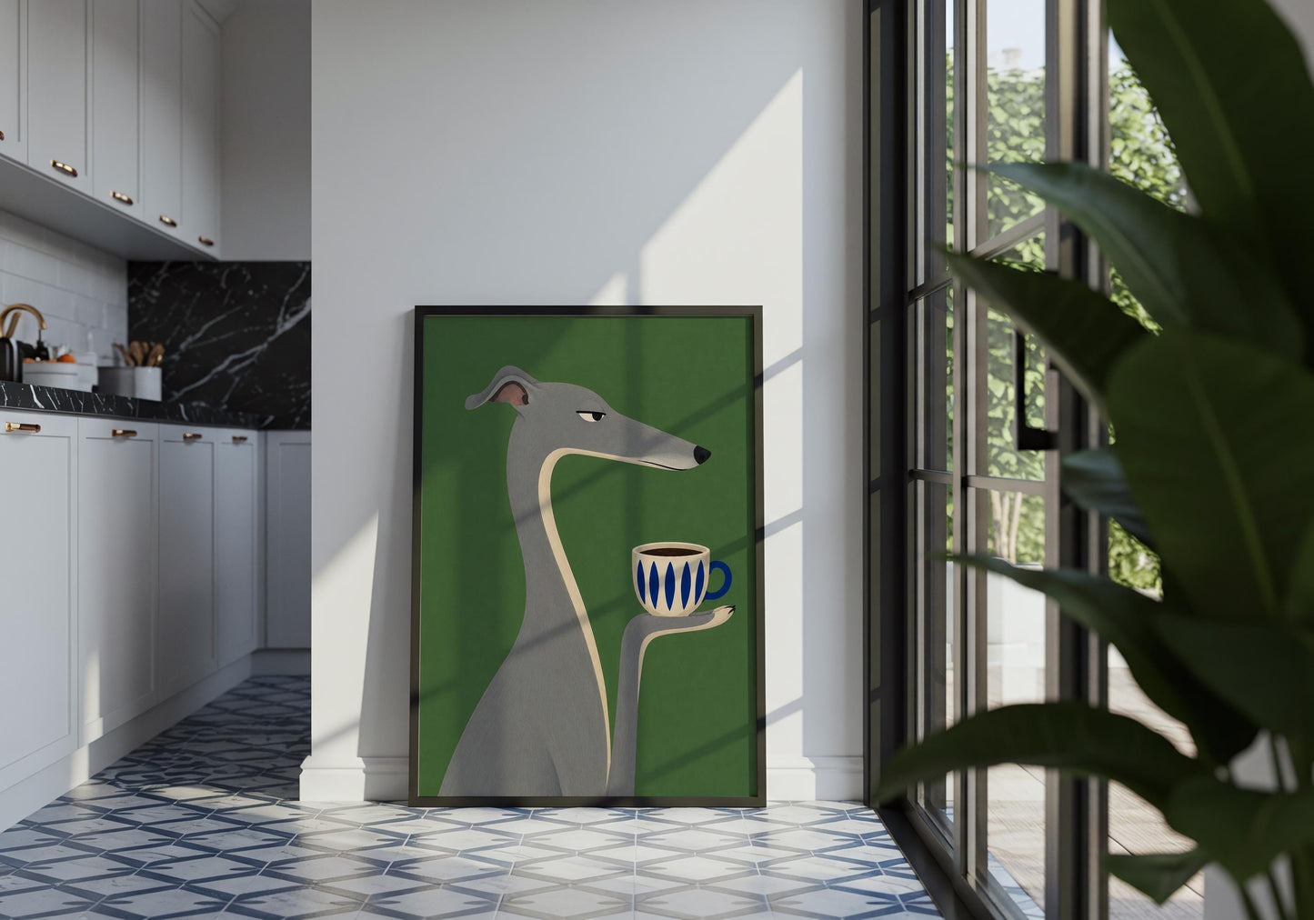 Modern greyhound artwork with coffee mug, quirky dog illustration for coffee station decor, kitchen wall art, or dog lover gift.