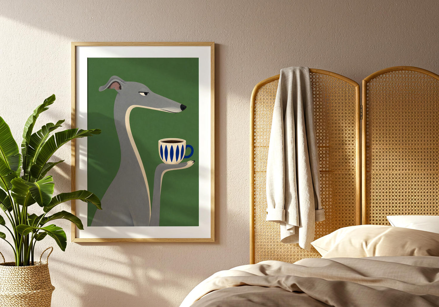 Scandinavian style greyhound illustration balancing a coffee cup, modern pet artwork for kitchen, dining room, or office.