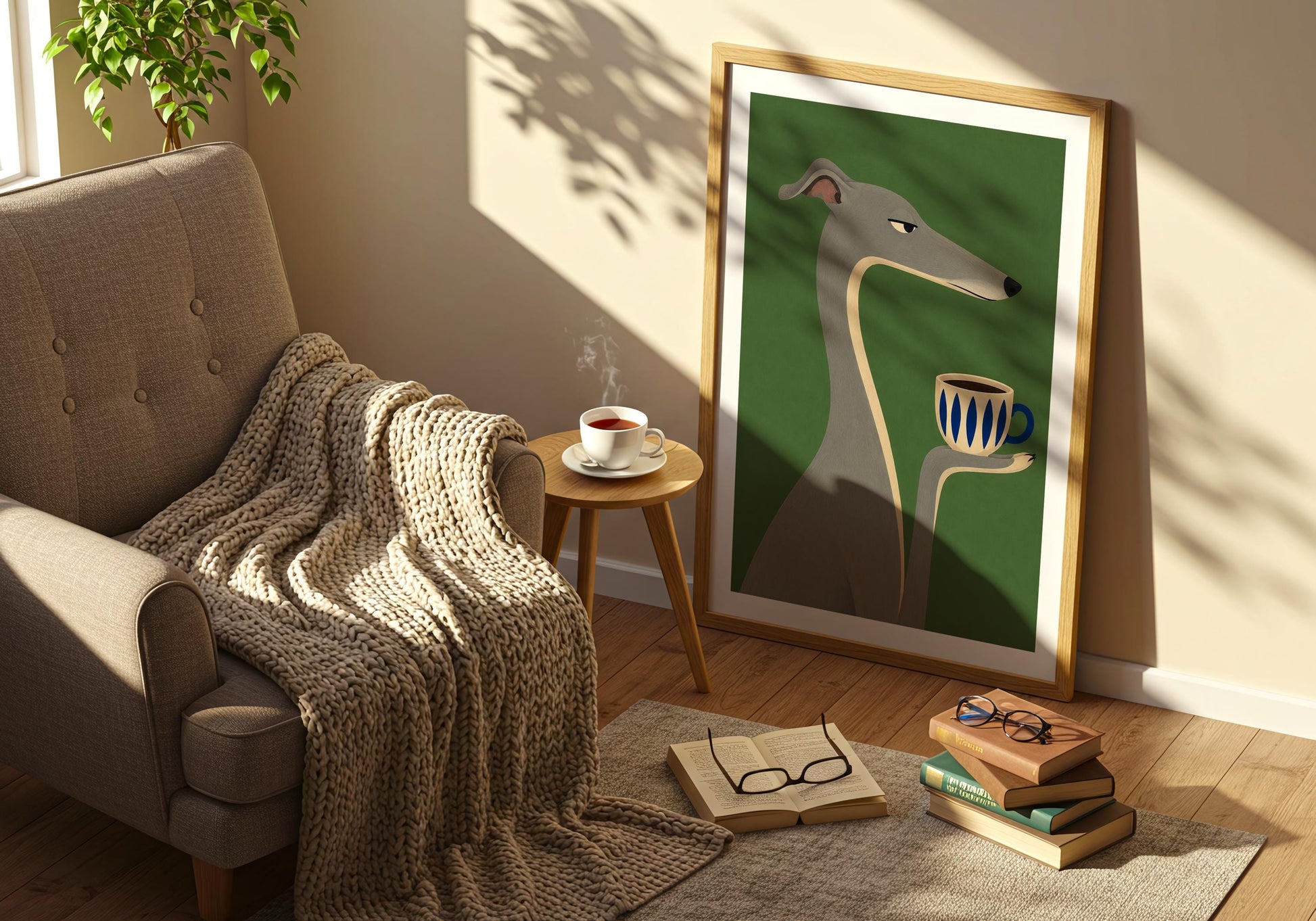 Minimalist dog illustration featuring a greyhound enjoying coffee, unique kitchen wall art and thoughtful gift for greyhound lovers.