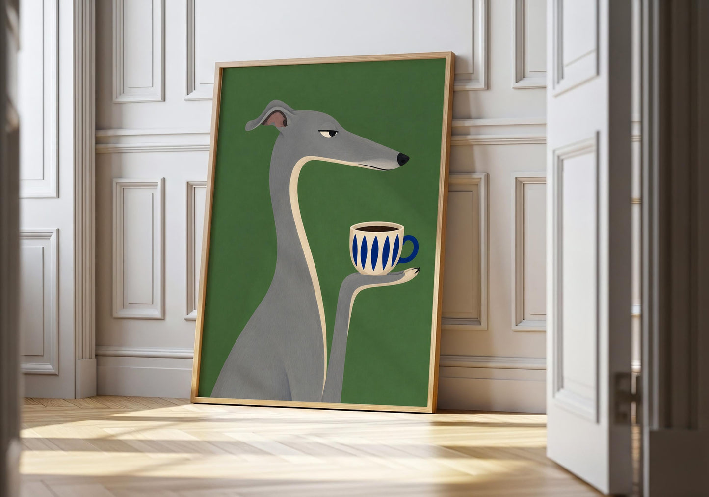 Minimalist greyhound art print holding a blue coffee cup on a green background, modern dog wall decor for kitchen or coffee bar.