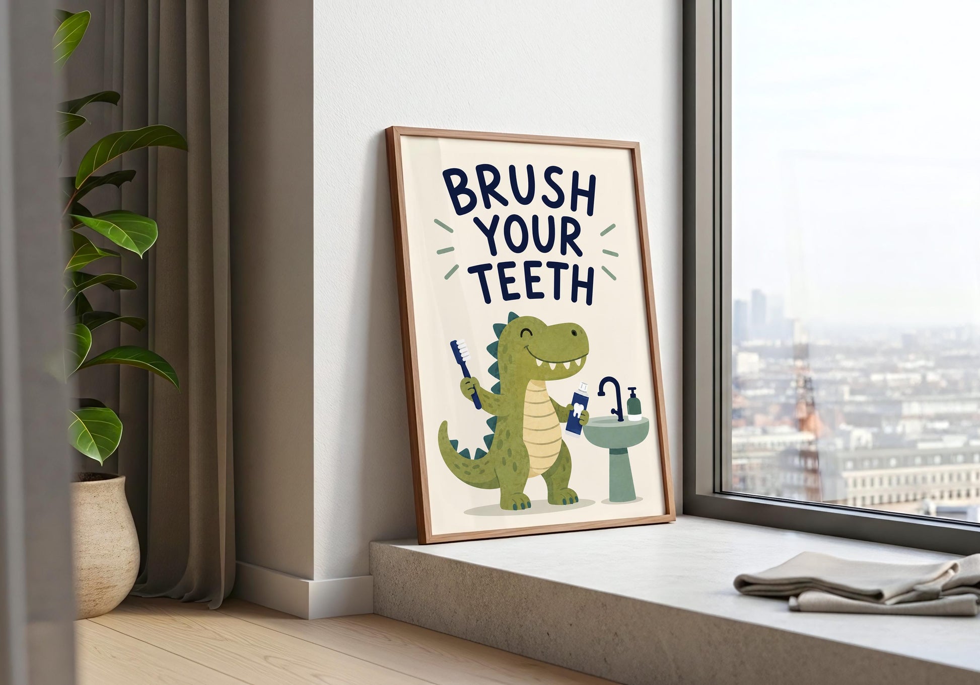 Minimalist dinosaur bathroom poster with Brush Your Teeth message, fun educational wall art for kids bathroom, playroom, or nursery.