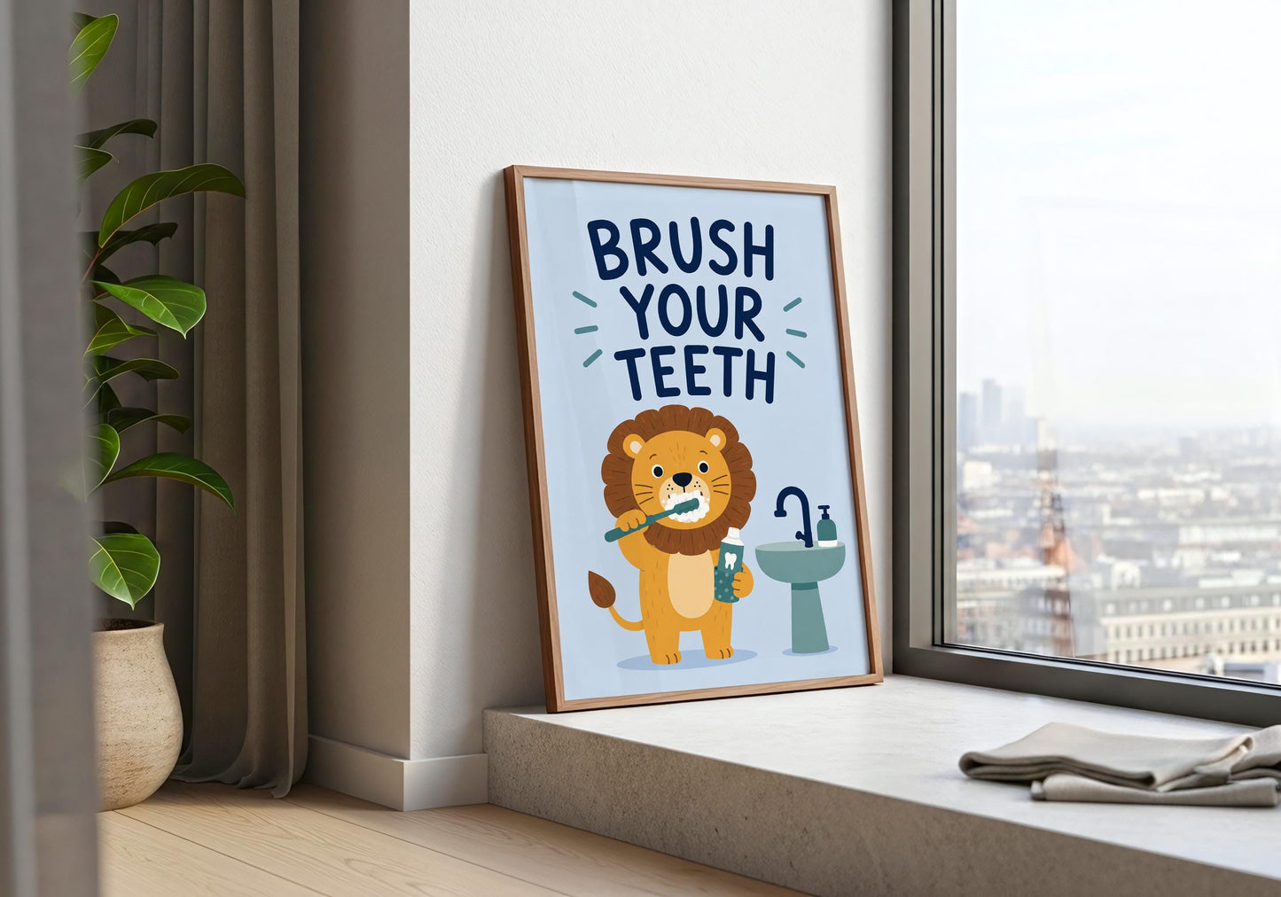 Safari lion bathroom decor with Brush Your Teeth message, fun children's wall art for toddlers and preschoolers.