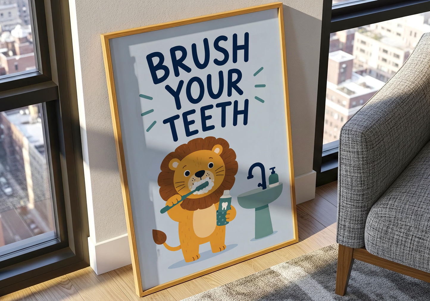 Cute lion toothbrush poster for kids, playful animal bathroom print with positive dental hygiene message.