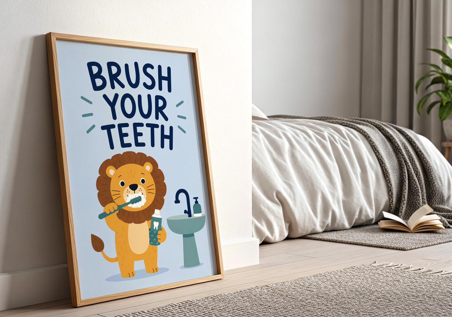 Minimalist lion bathroom print with Brush Your Teeth quote, safari animal wall art for kids bathrooms, nurseries, or playrooms.