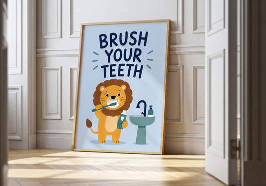 Cute lion bathroom print with "Brush Your Teeth" quote, children's bathroom wall art featuring a friendly lion brushing its teeth.