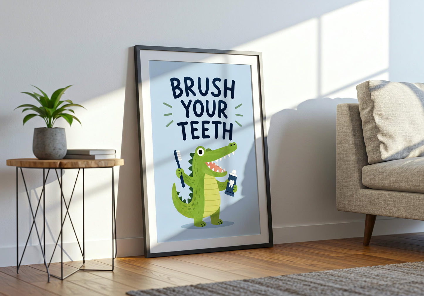 Classroom bathroom sign with Brush Your Teeth message and colourful crocodile illustration for early learning environments.