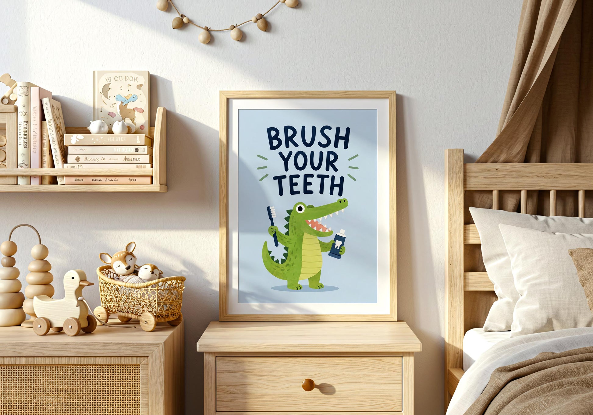 Preschool classroom poster encouraging healthy brushing habits with a cute cartoon crocodile illustration.