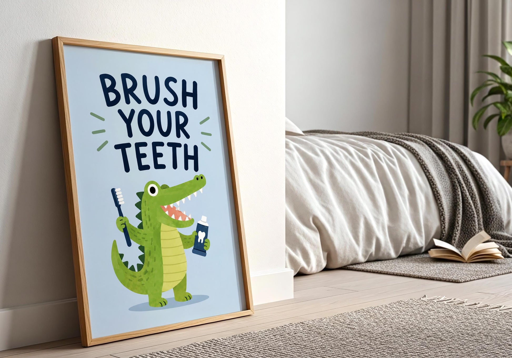 Healthy habits wall art featuring a cute crocodile and positive brushing reminder for classrooms, bathrooms, and dental clinics.