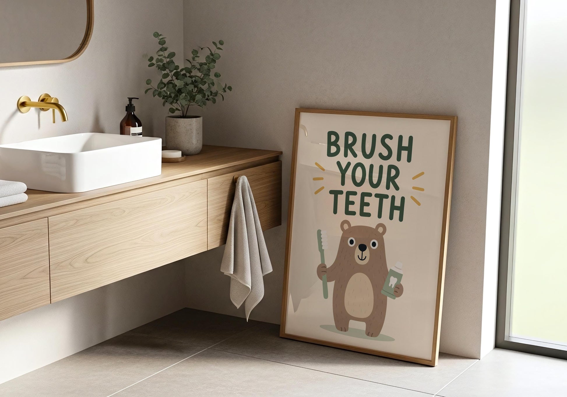 Bear bathroom poster for toddlers with Brush Your Teeth message, woodland animal wall art for kids' bathrooms.