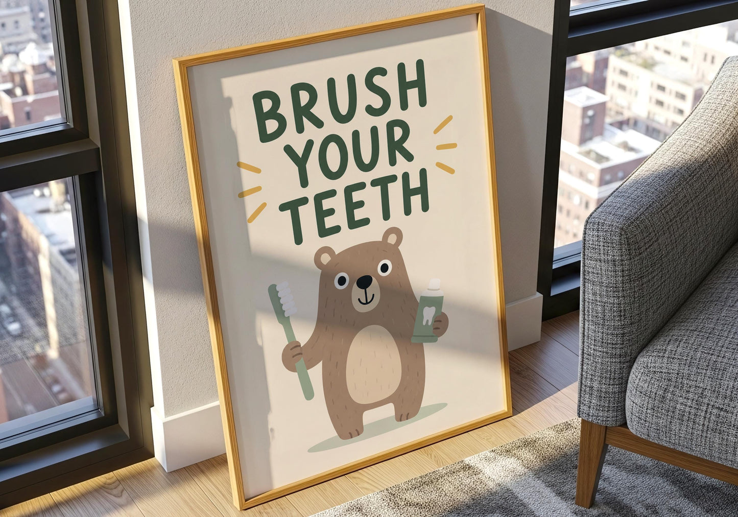 Scandinavian-style bear bathroom decor featuring a cute forest animal and Brush Your Teeth typography.