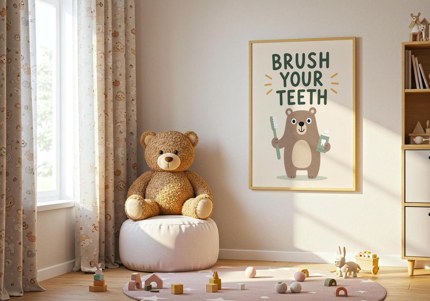 Neutral woodland bear poster encouraging healthy brushing routines, ideal for bathrooms, playrooms, and pediatric dental offices.