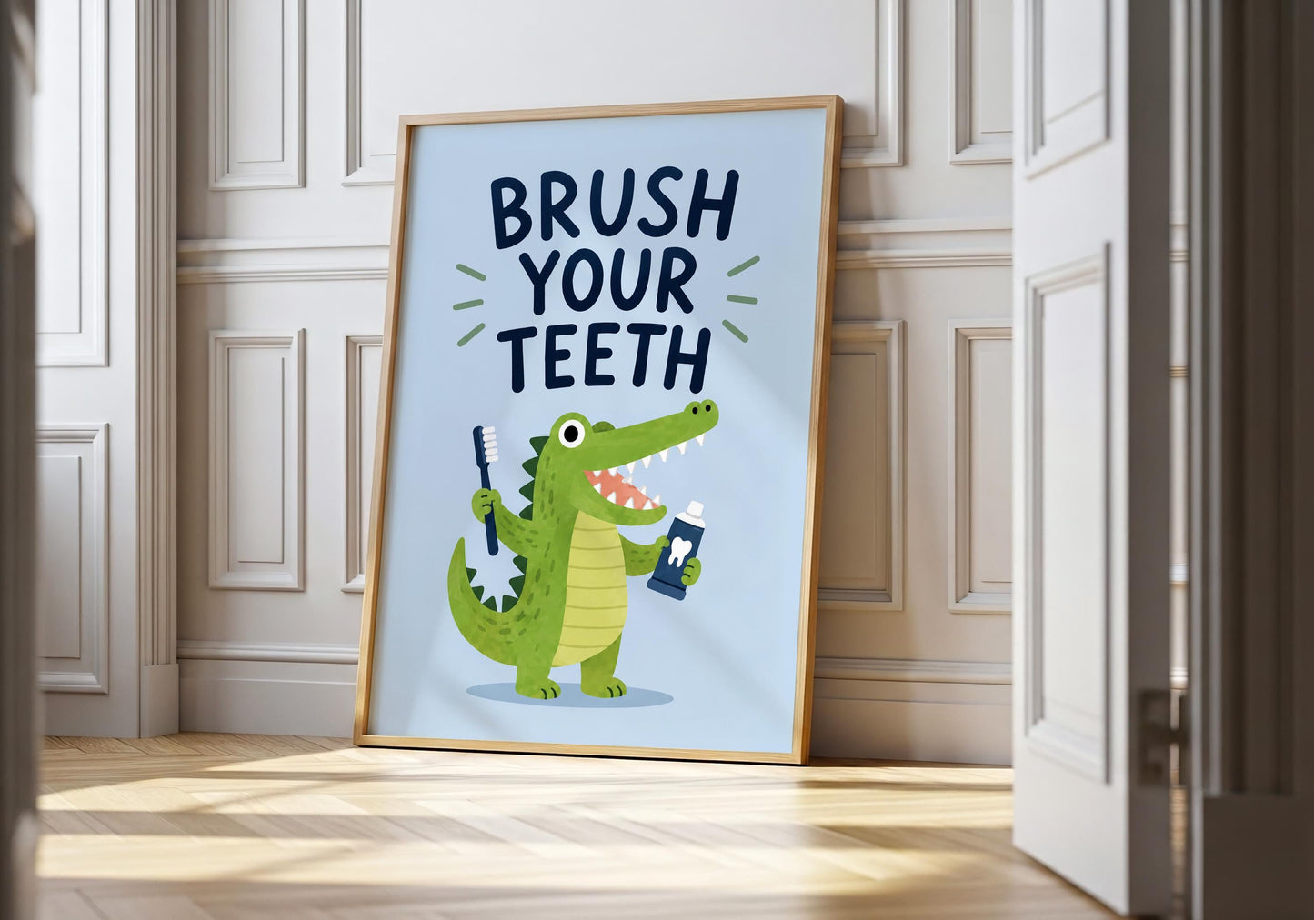 Educational dental hygiene poster with a smiling crocodile holding a toothbrush, ideal for preschool classrooms and homeschool spaces.