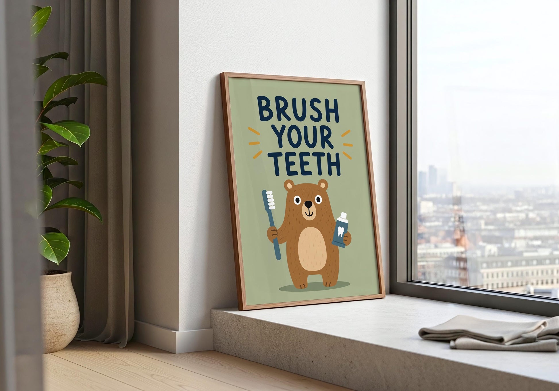 Woodland bear nursery print with Brush Your Teeth message, neutral bathroom decor for children and nature-inspired interiors.