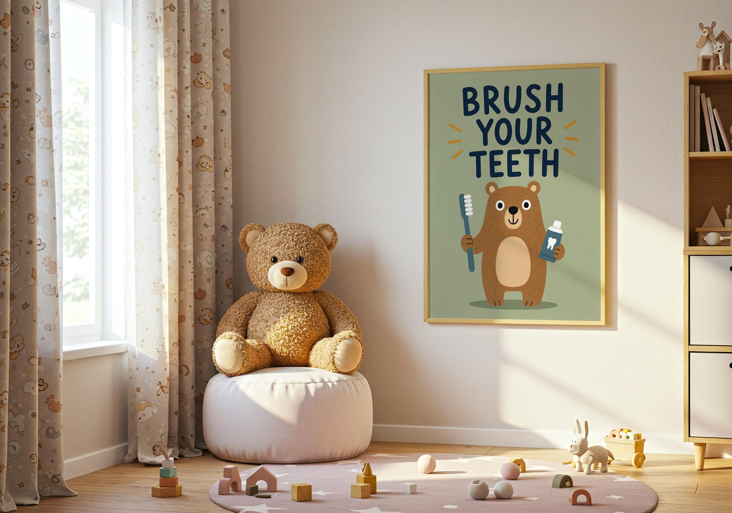 Forest animal bathroom poster with Brush Your Teeth quote, educational wall art for toddlers, nurseries, and pediatric dental offices.