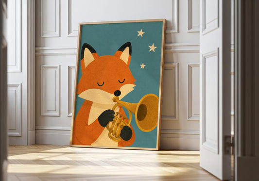 Cute fox nursery print featuring a woodland fox playing a trumpet beneath stars, perfect for woodland nursery decor.