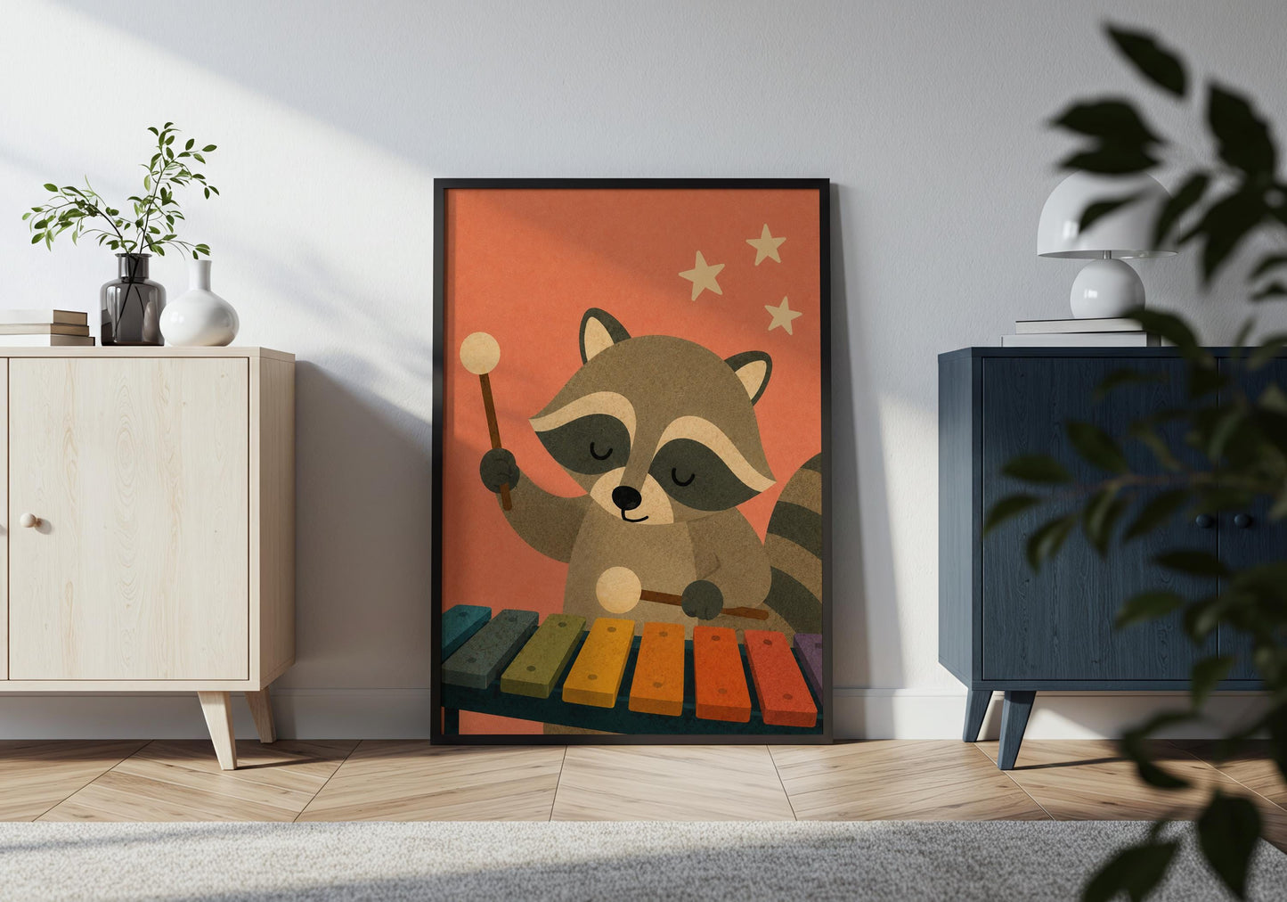 Children's music room wall art with an adorable raccoon playing a xylophone, inspiring creativity and a love of music.