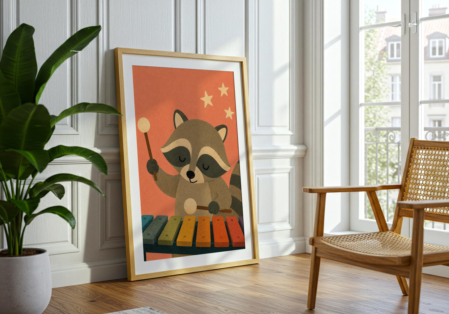 Woodland nursery decor featuring a cute raccoon musician, modern animal wall art for nursery, playroom, or classroom.