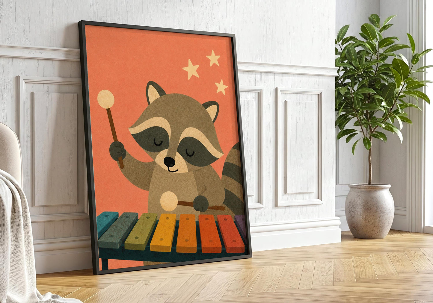 Woodland raccoon wall art with a playful raccoon playing a rainbow xylophone, ideal for children's bedrooms and playrooms.