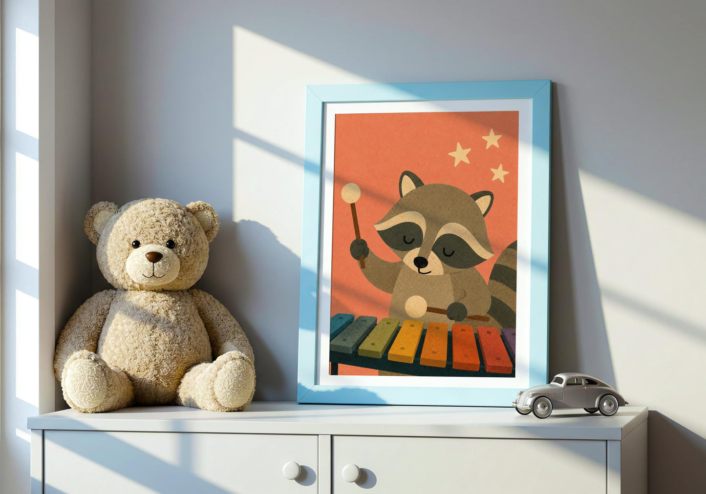 Raccoon playing xylophone illustration with earthy woodland colours, perfect for Scandinavian nursery and preschool decor.