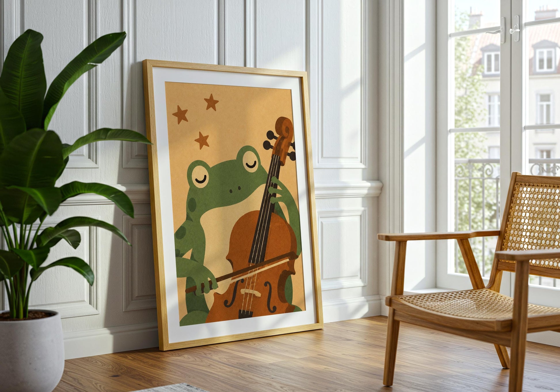 Woodland nursery decor featuring a cute frog musician, modern animal wall art for nursery, classroom, or music studio.