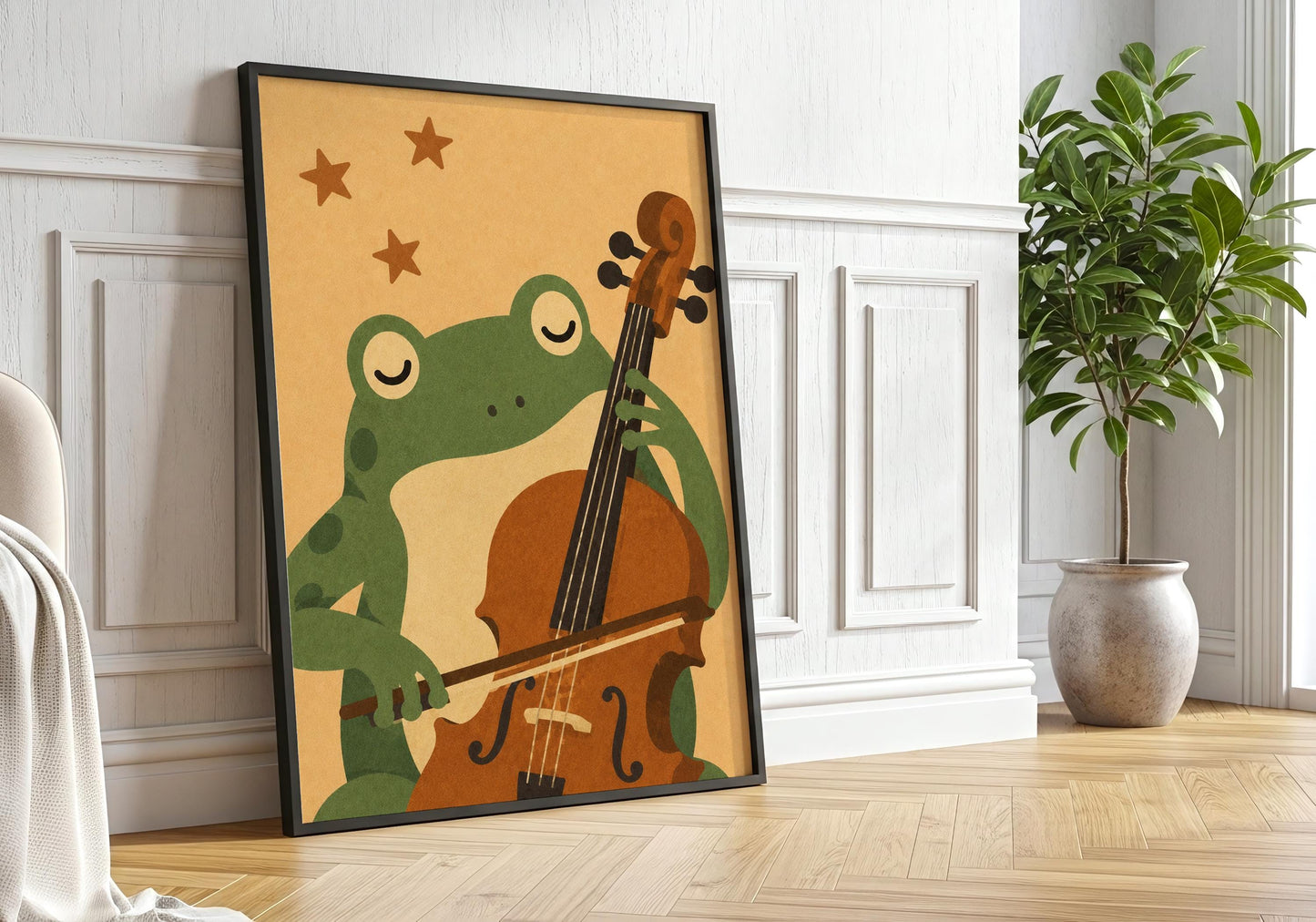 Musical frog wall art with a peaceful frog playing a cello, ideal for children's bedrooms, playrooms, and music rooms.
