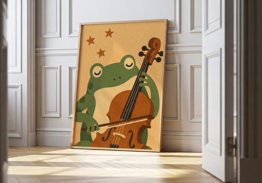Cute frog nursery print featuring a woodland frog playing a cello beneath stars, perfect for music-themed nursery decor.