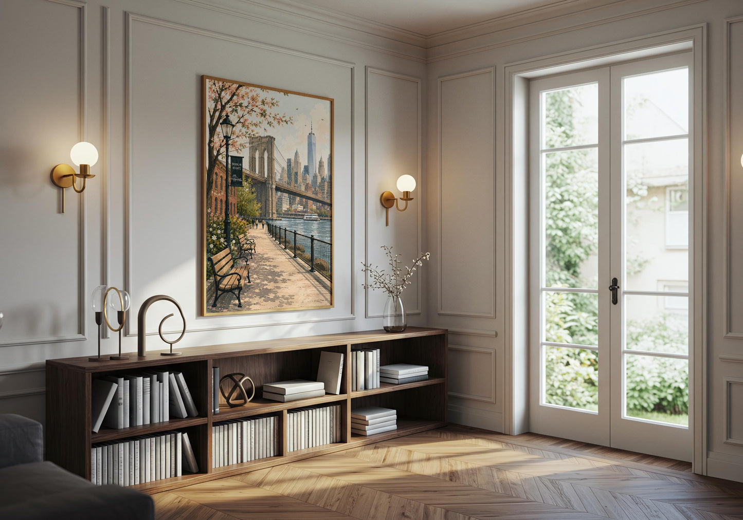 Vertical NYC travel poster style artwork depicting a spring day beside Brooklyn Bridge and the Lower Manhattan skyline.