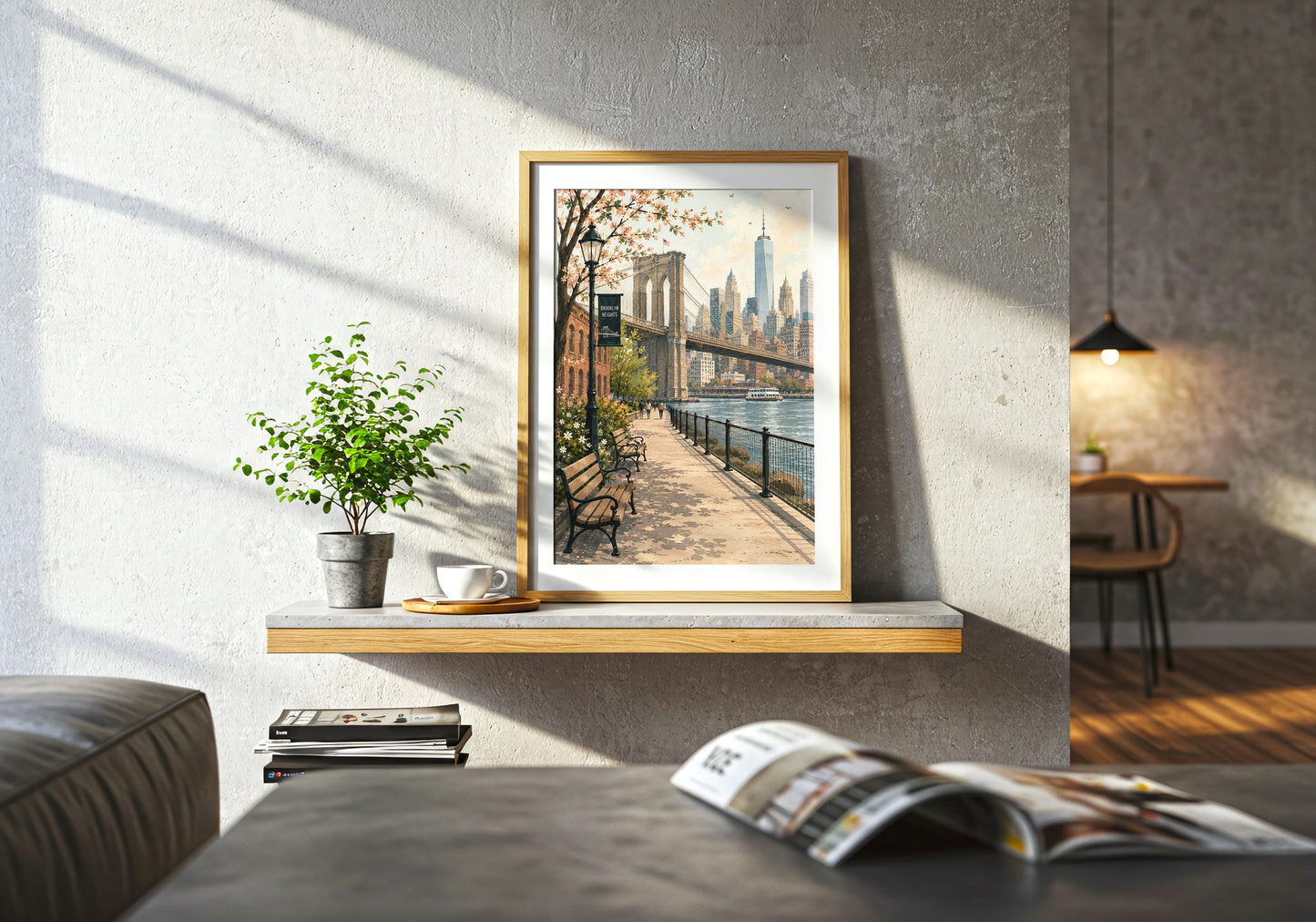 Brooklyn Heights inspired cityscape print showing a peaceful riverside walkway beneath flowering trees and Brooklyn Bridge.