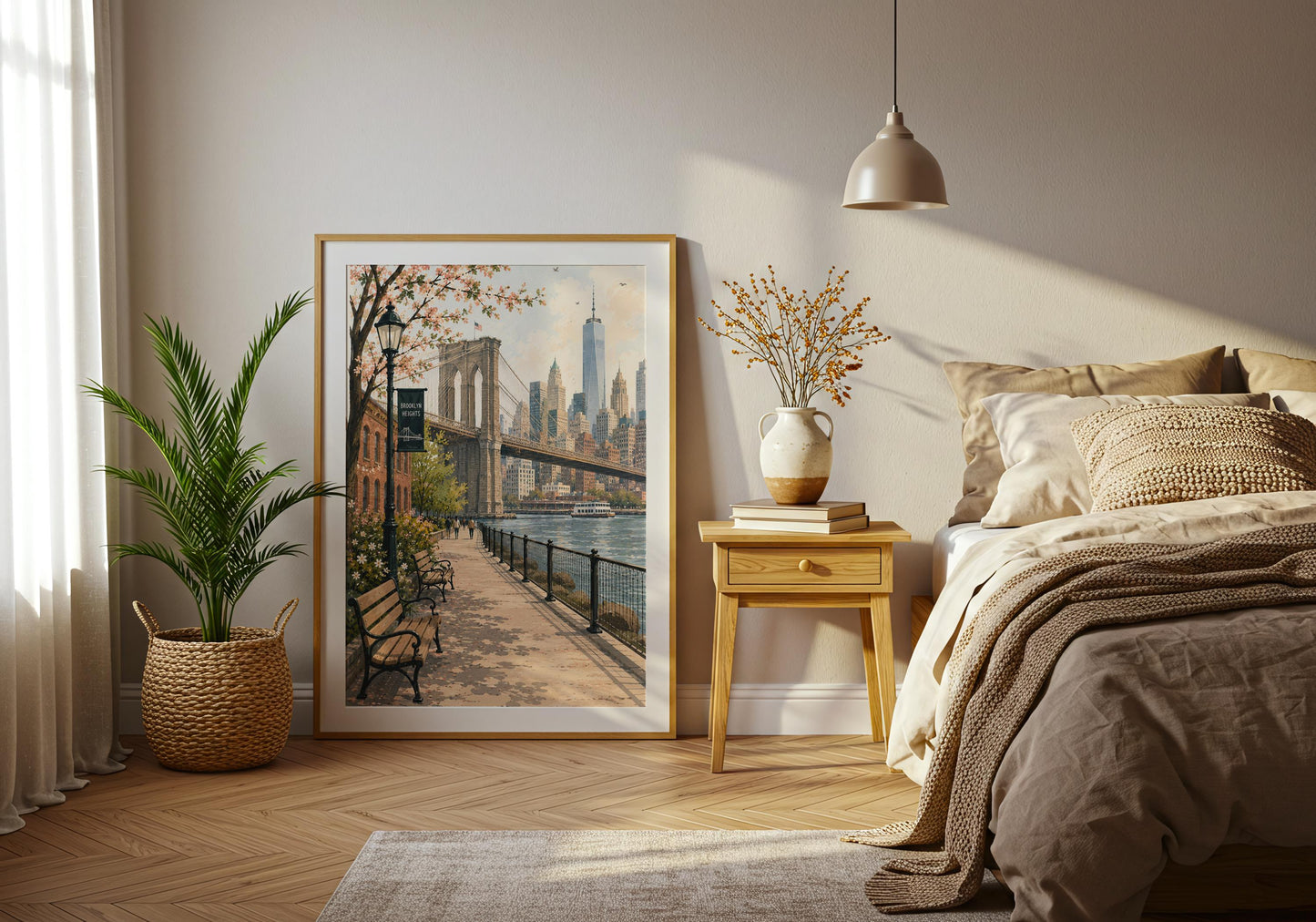 Framed Brooklyn wall art displayed in a bright neutral interior with warm wood flooring and traditional wall panelling.