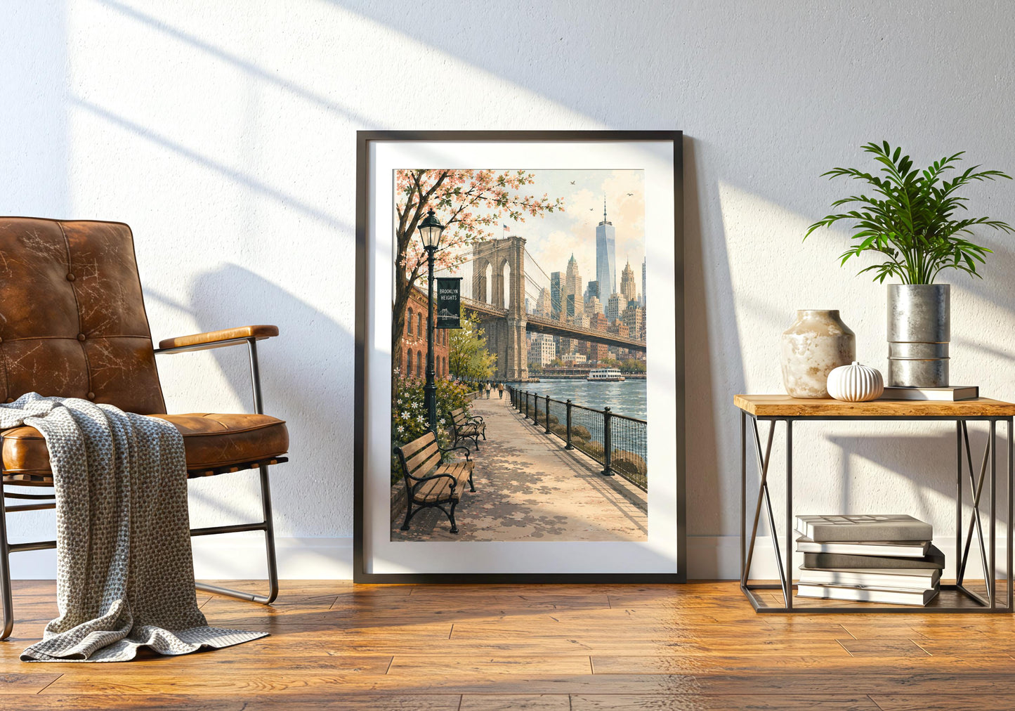 Warm New York City wall decor featuring an iconic Brooklyn Bridge view with Manhattan skyscrapers in the background.