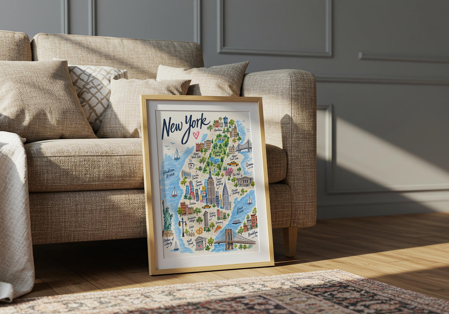 Illustrated NYC landmark print featuring yellow taxis, skyscrapers, sailboats, parks and famous New York architecture.