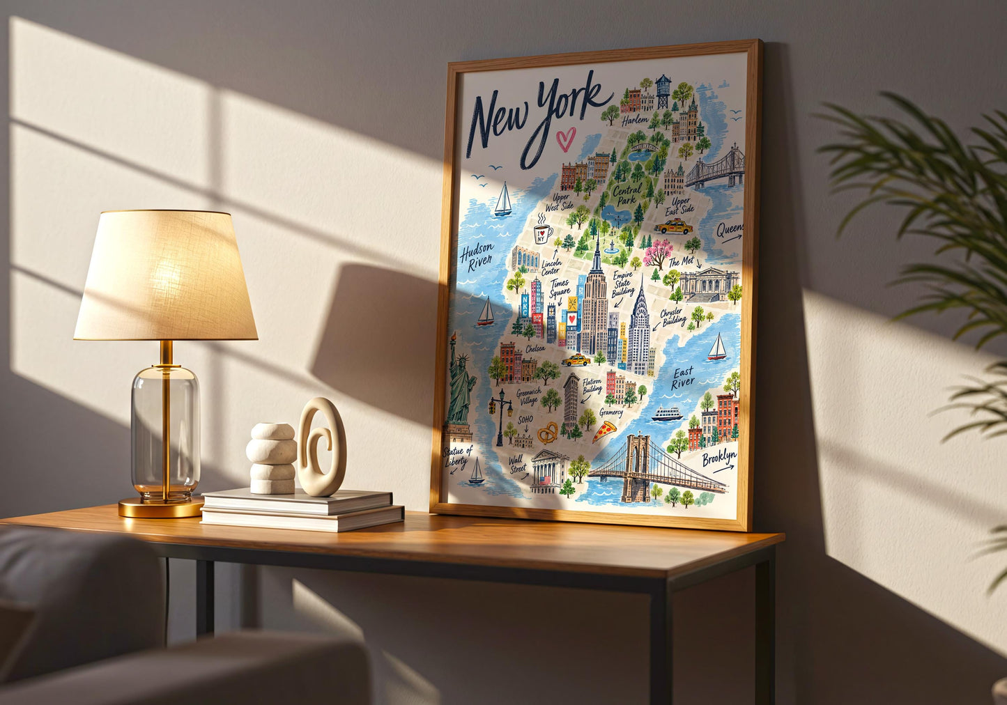 Framed New York City map artwork displayed in a bright neutral room with a natural wood frame.