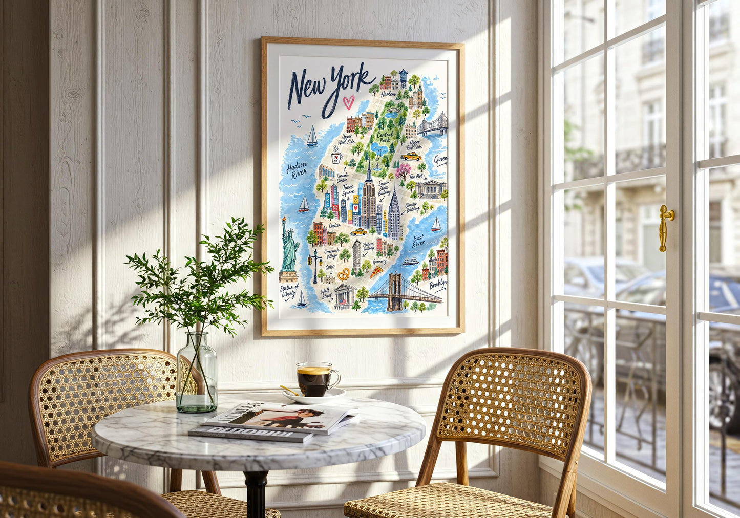 Colourful NYC wall art showing Central Park, Times Square, Empire State Building, Brooklyn Bridge and Statue of Liberty.