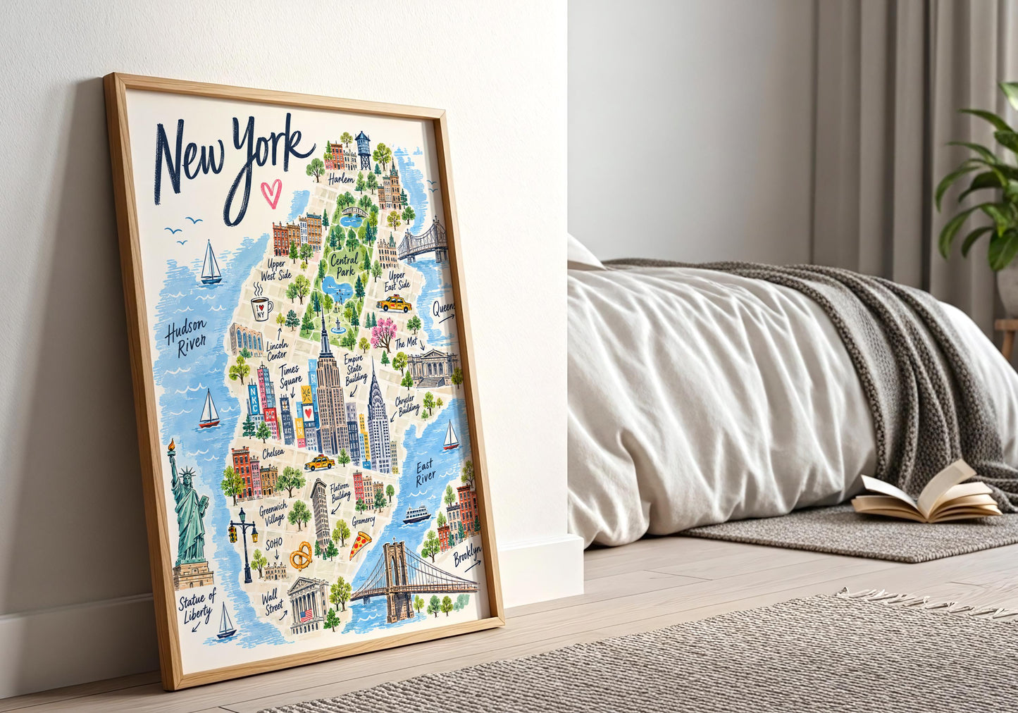 Vertical NYC travel artwork with handwritten New York lettering and a detailed illustrated map of famous city sights.