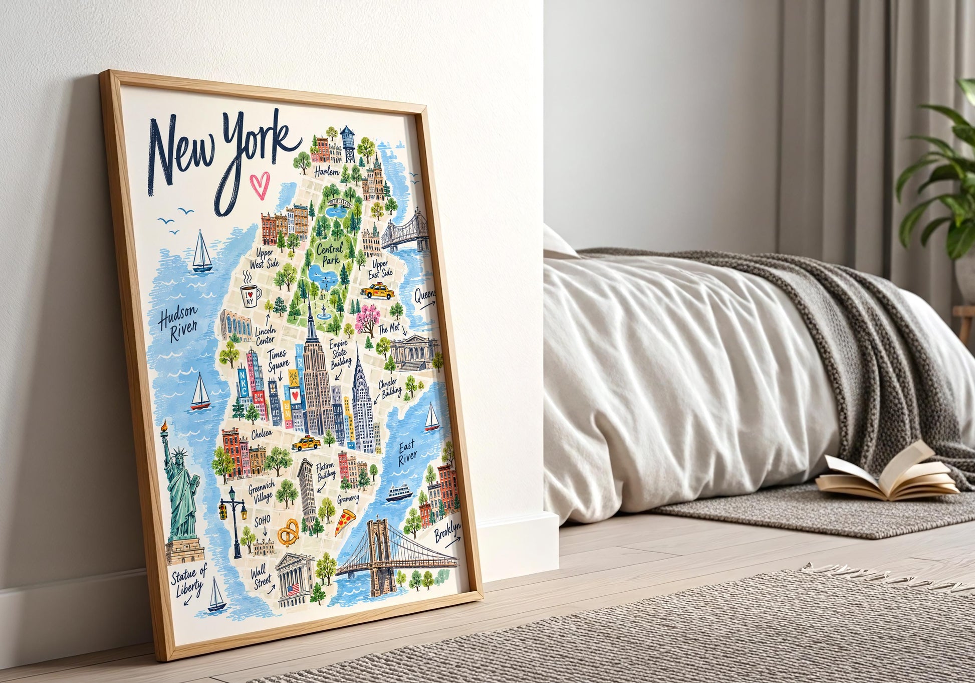 Vertical NYC travel artwork with handwritten New York lettering and a detailed illustrated map of famous city sights.