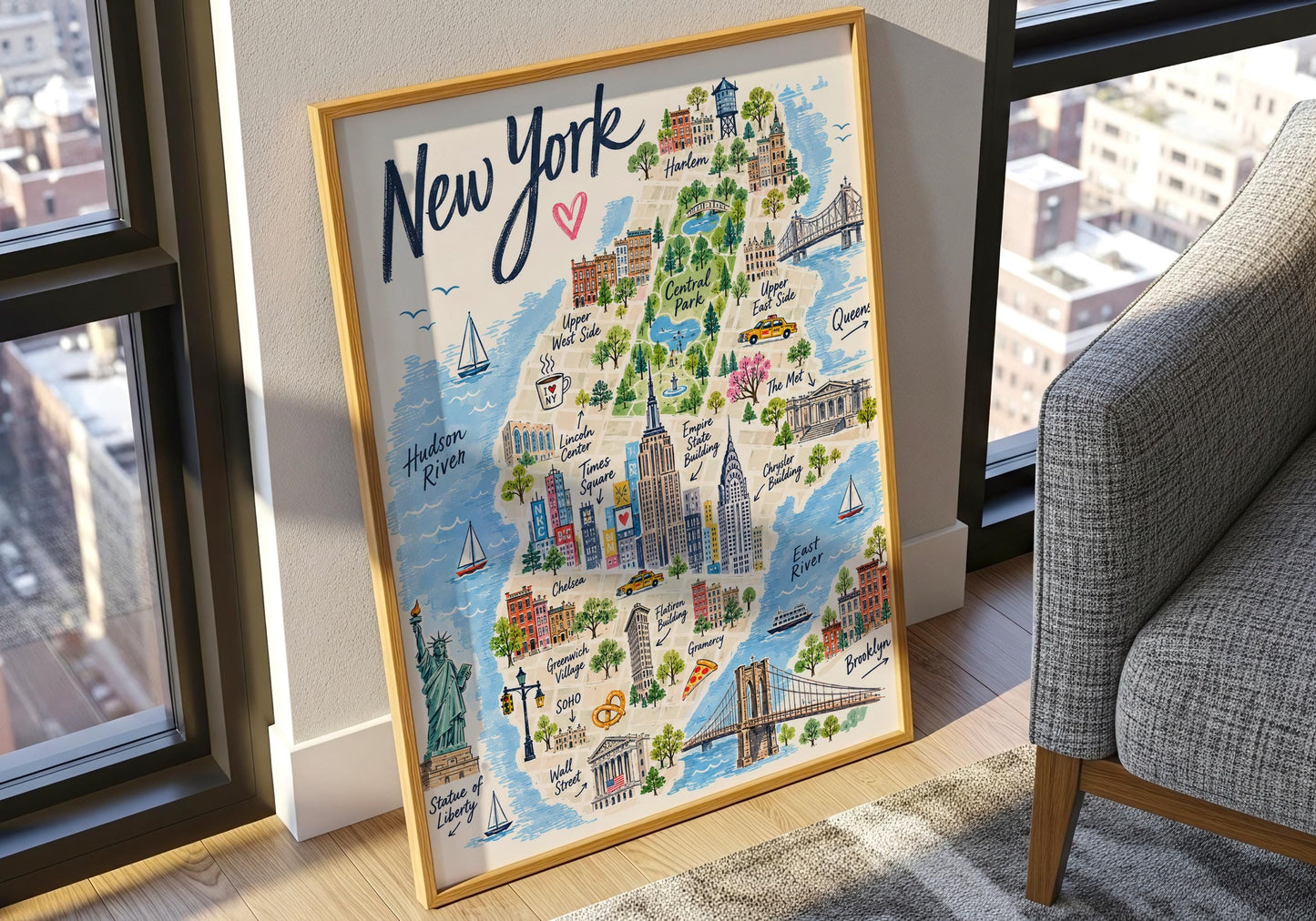 Colourful New York map showing areas including Harlem, Upper West Side, Chelsea, Greenwich Village, SoHo and Brooklyn.