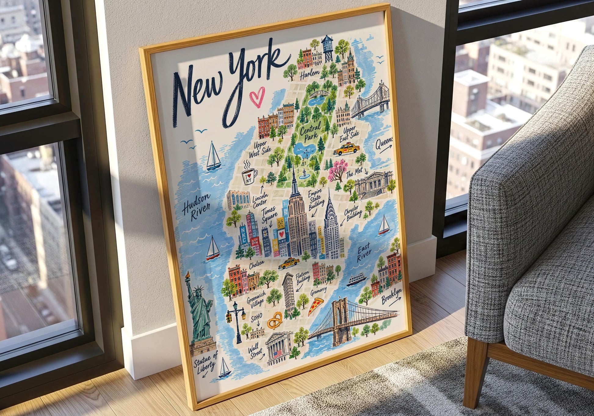 Colourful New York map showing areas including Harlem, Upper West Side, Chelsea, Greenwich Village, SoHo and Brooklyn.