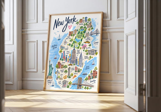 Illustrated New York City map print featuring Manhattan landmarks, neighbourhoods and colourful hand-drawn details.