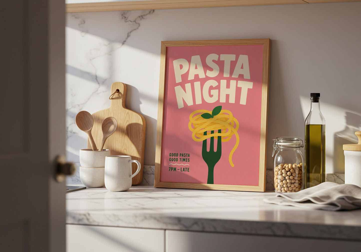 Retro-inspired pasta wall art celebrating Italian food, featuring spaghetti on a fork against a vibrant pink background.