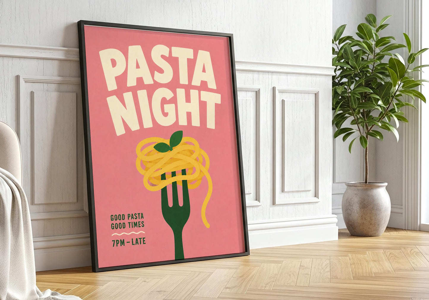 Italian food wall art with Pasta Night text and minimalist spaghetti illustration, perfect for modern kitchen decor.