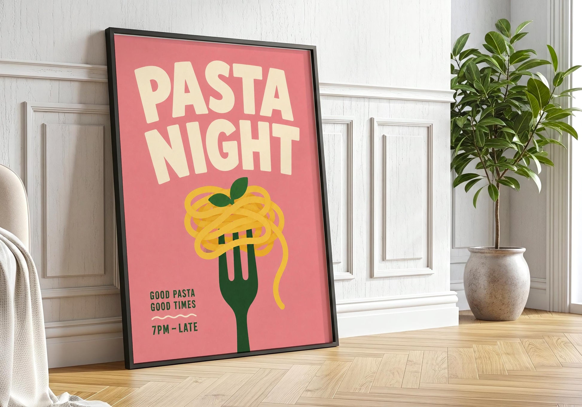Italian food wall art with Pasta Night text and minimalist spaghetti illustration, perfect for modern kitchen decor.