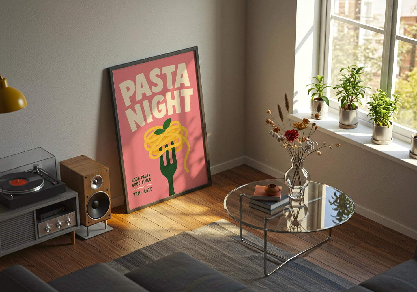 Pink kitchen poster featuring a fork of spaghetti and playful Pasta Night typography for dining room wall decor.