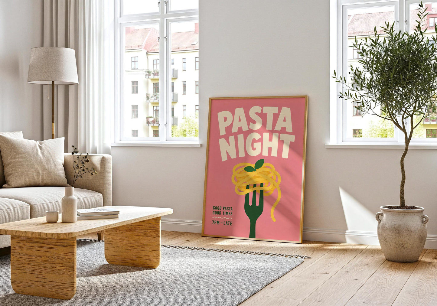 Modern foodie wall decor with Pasta Night lettering and spaghetti illustration, ideal for kitchens, cafés, and dining rooms.