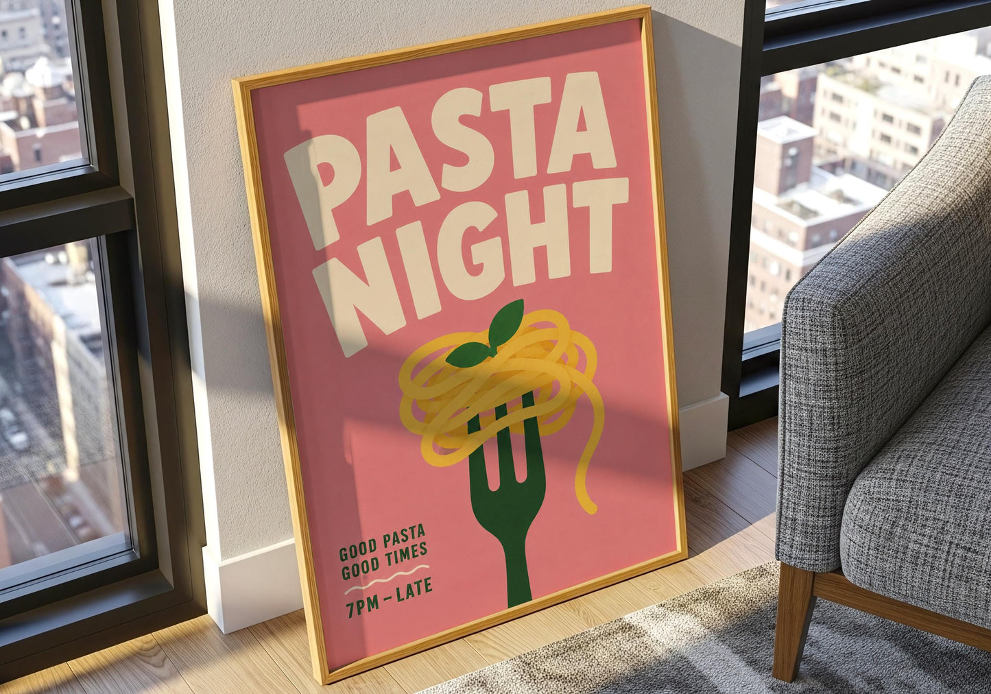 Minimalist Italian kitchen print featuring pasta on a fork with playful typography, perfect for home chefs and food lovers.