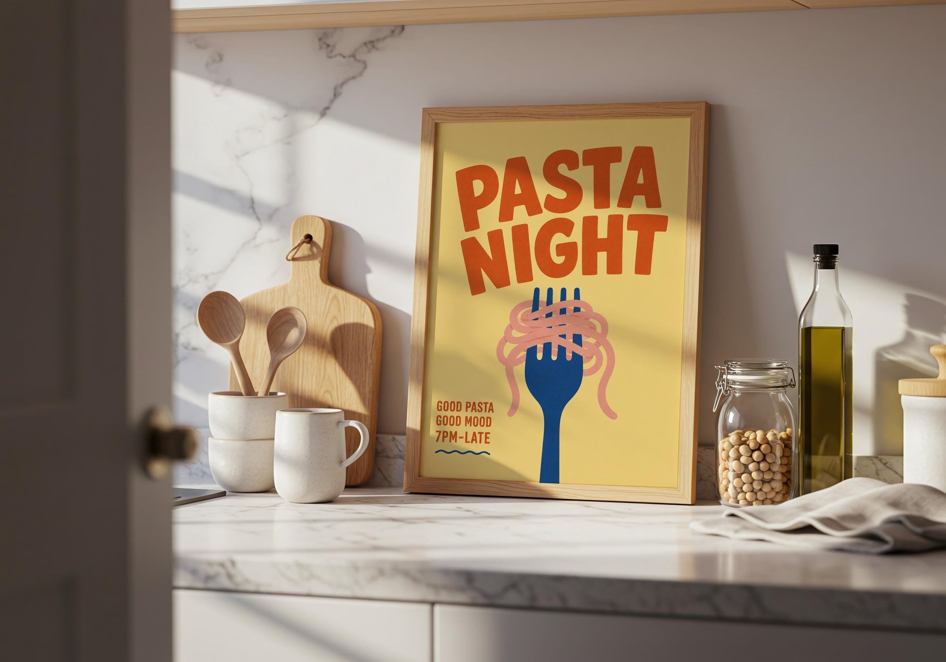 Colourful kitchen poster featuring a blue fork with spaghetti and retro Pasta Night typography on a yellow background.