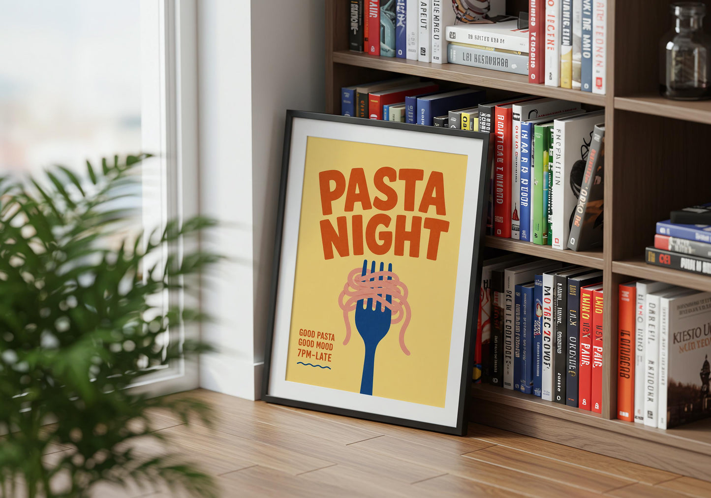 Modern pasta poster with colourful typography and spaghetti illustration, perfect for food lovers, home chefs, and Italian-inspired kitchens.