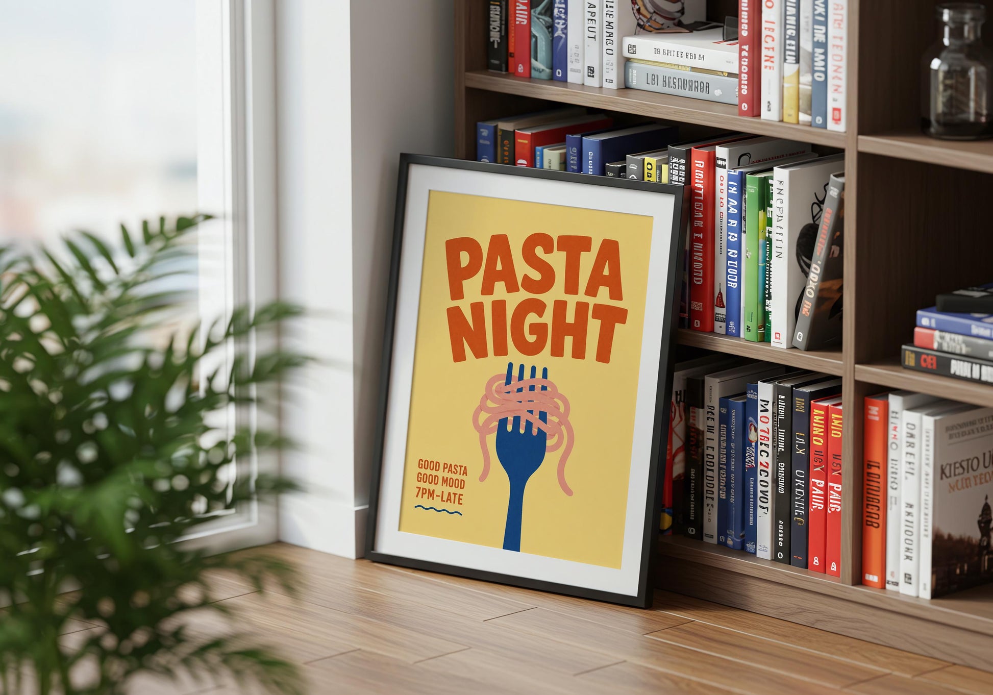 Modern pasta poster with colourful typography and spaghetti illustration, perfect for food lovers, home chefs, and Italian-inspired kitchens.