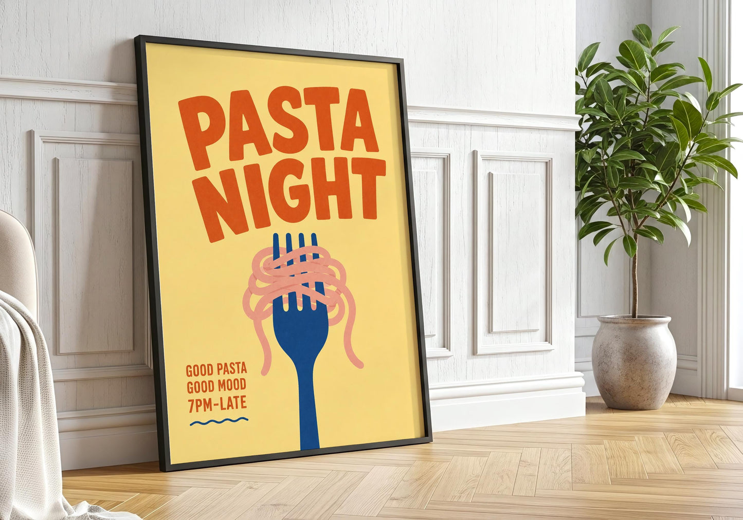 Modern Italian food wall art with Pasta Night lettering and minimalist spaghetti illustration for contemporary kitchens.